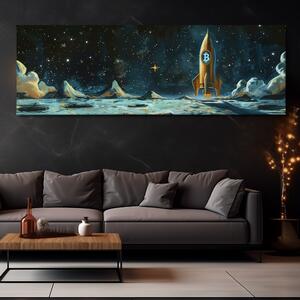 Obraz na plátně - Bitcoin rocket on the Moon FeelHappy.cz Velikost obrazu: 90 x 30 cm