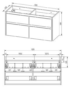 MEREO - Opto, koupelnová skříňka s keramickým umyvadlem, dub, 4 zásuvky, 1210x580x458 mm (CN923)