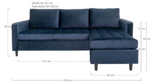 House Nordic Pohovka Firenze Lounge (Pohovka v tmavě modré sametové barvě s černými nohami\n151/83x219xH80 cm\nHN1005)