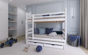 Dětská patrová postel z masivu borovice CYRIL s přistýlkou a šuplíky - 200x90 cm - BÍLÁ