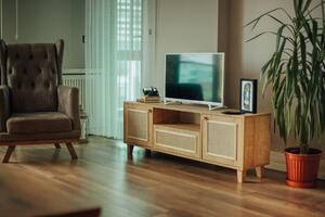 Skandinávský TV stolek s jutovým potahem, 150 cm