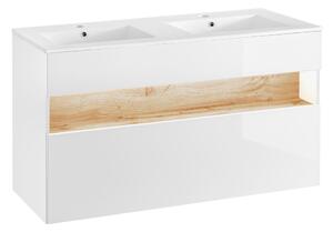 COMAD Závěsná skříňka s umyvadlem - BAHAMA 854 white, šířka 120 cm, matná bílá/lesklá bílá/dub votan