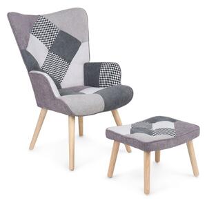 Relaxační křeslo ušák LISA + taburet — masiv, látka, černobílý patchwork