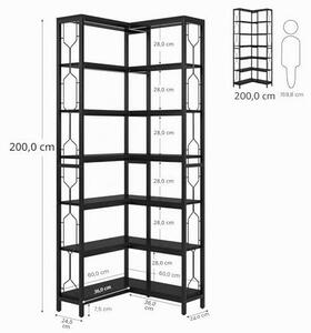 Rohová knihovna, 7úrovňová, průmyslový design, pro kancelář (černá), černá barva