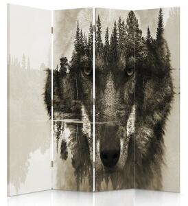 Paraván Vlk na pozadí lesa v hnědé barvě Rozměry: 145 x 170 cm, Provedení: Klasický paraván