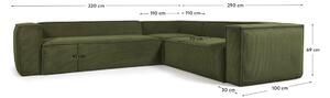 Zelená manšestrová rohová pohovka Kave Home Blok II 320 cm, pravá