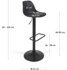 Černá koženková barová židle Kave Home Orlando s černou podnoží 60-82 cm