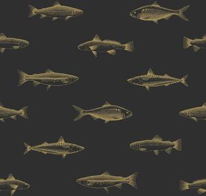 Černá vliesová tapeta se zlatými rybami 139124, Black & White, Esta
