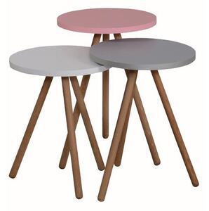 Sada růžovo-šedých kulatých odkládacích stolků s dřevěnými nohami