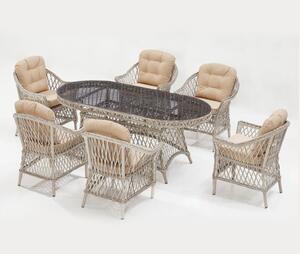 Ratanový zahradní set jídelního stolu a 6 židlí s područkami Orchid, krémová
