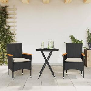 3dílný bistro set s poduškami černý polyratan a sklo 3278753