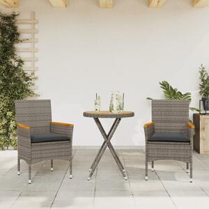3dílný bistro set s poduškami šedý polyratan a akácie 3278754