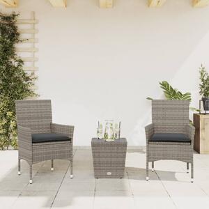 3dílný bistro set s poduškami šedý polyratan a sklo 3278742