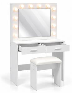 Kosmetický stolek Relaxdays se židličkou, s hollywoodským zrcadlem, osvětlením, 2 zásuvkami, rozměry (v x š x h): 140x80x40 cm, bílý