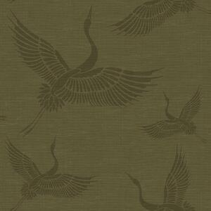 Vliesová zelená/khaki tapeta - ptáci, jeřábi - látková textura 347758, Natural Fabrics, Origin