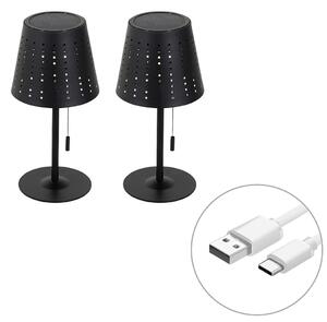 Sada 2 stolních lamp černých včetně LED 3-krokového stmívače dobíjecího a solárního - Ferre