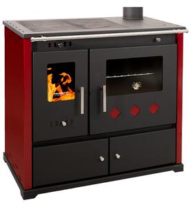 Sporák na dřevo Praktik Lux Eco s litinovou varnou deskou a troubou - jmenovitý výkon 9,5 kW - ervené boní panely - energetická tída A+