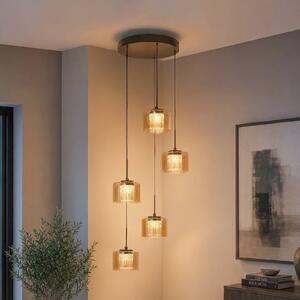 Searchlight LED závěsné světlo Tumblers, 5žárovkové, kulaté, bronzové, sklo, 3 000 K, stmívatelný, Krémová / jantar, Obývací pokoj / jídelna, Hliník