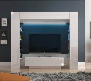 Luxusní TV a media stěna, bílá/bílá extra vysoký lesk, MONTEREJ Mdum