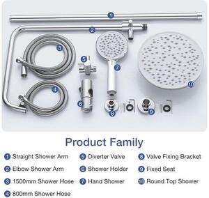 Ibenzoa® sprchový systém s nastavitelnou sprchovou hlavicí a ruční sprchou, nerezová ocel, mosazné ventily (3-cestné), tyč 80–117 cm, hadice 150/80 cm, bez baterie