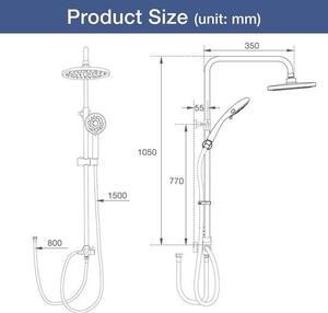 Ibenzoa® sprchový systém s nastavitelnou sprchovou hlavicí a ruční sprchou, nerezová ocel, mosazné ventily (3-cestné), tyč 80–117 cm, hadice 150/80 cm, bez baterie