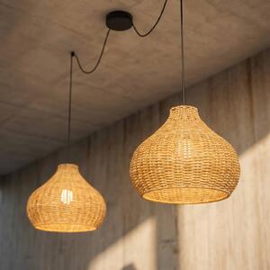 Lucande Venkovní závěsná lampa Taniola, 2 světla, béžová, ratan, IP44, stmívatelný, Světlé dřevo, Dřevo, Venkovský / rustikální