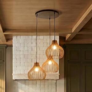 TEMAR LIGHTING Závěsné světlo Barrel s dřevěnými stínidly, 3-fl. kulaté, stmívatelný, Světlé dřevo, Obývací pokoj / jídelna, Dřevo, Venkovský / rustikální