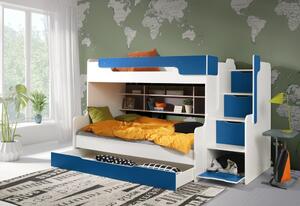 Patrová postel HARRY pro 3 osoby včetně úložného prostoru (Modrá)