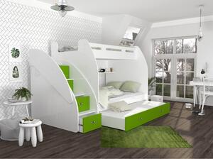 Patrová postel ZUZKA pro 3 osoby s přistýlkou (různé barvy), Zelená