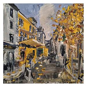 Ručně malovaný obraz od Ondřej Slavíček - "Tam kde čmáral Gogh - zkouším to po sto letech - taky. V Arlesu -- NaCafé la Nuit- žluté jsem spotřeboval - mraky. V Provence.", rozměr: 25 x 25 cm
