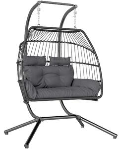 Outsunny závěsné křeslo s skládacím stojanem, závěsný košík s polštářem, ergonomické houpací křeslo z poly ratanového materiálu pro 2 osoby, závěsné k
