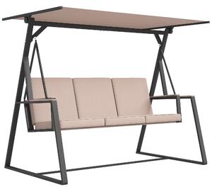 Závěsná lavice Outsunny Hollywood Swing pro 3 osoby se polštáři, zahradní houpačka s nastavitelnou střechou, nosnost až 300 kg, Khaki, 205 x 130 x 175