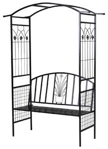 Zahradní oblouk Outsunny s lavičkou, kovový treláž na popínavé rostliny, černý, 154 x 60 x 205 cm | Aosom