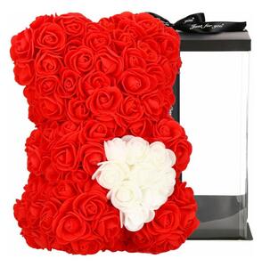 Medvídek z růží 22 cm SPRINGOS ROSE BEAR HA7219 červený s bílým srdcem