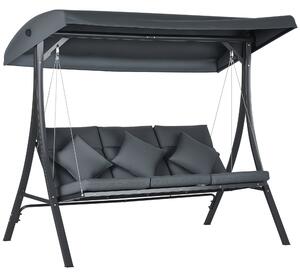 Zahradní houpačka Outsunny pro 3 osoby s nastavitelnou markýzou, 3 polštáři a ocelovou konstrukcí pro terasu, balkon, zátěž 320 kg, 202x115x168 cm, tm