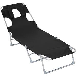 Outsunny Zahradní Skládací Lehátko s Otvorem na Čtení, Opěrkou Hlavy a Nastavitelným Zádovým Opěradlem v 5 Úrovních pro Pláž 182x56x28 cm Černé | Aoso