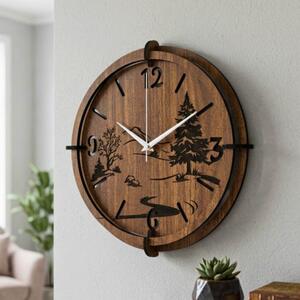Nástěnné hodiny s motivem lesa a 3D panoramatem hor | SENTOP HDF0600-WENGE