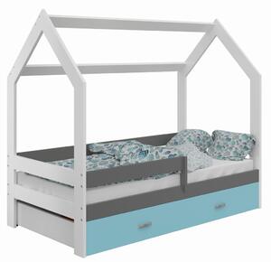 Dětská postel Domek 80x160 cm D3, rošt ZDARMA - bílá, zábrana: šedá, úlož. prost: modrá, matrace: bez matrace