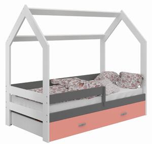 Dětská postel Domek 80x160 cm D3, rošt ZDARMA - bílá, zábrana: šedá, úlož. prost: růžová, matrace: bez matrace