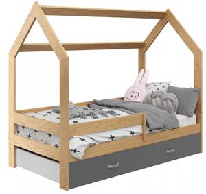 Dětská postel Domek 80x160 cm D3, rošt ZDARMA - borovice, zábrana: borovice, úlož. prost: šedá, matrace: bez matrace