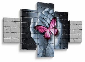Obraz - Růžový motýl ve zdi (125x70 cm)