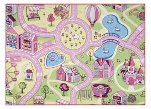 Makro Abra Dětský kusový koberec REBEL Sweet town 26 Ulice Město protiskluzový růžový zelený Rozměr: 140x200 cm