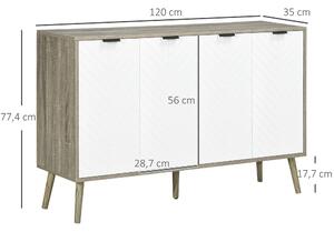HOMCOM Nízký komoda, úložná skříň, nastavitelných polic, 2 skříňky, 4 dveře Chevron, pro kuchyň, jídelnu, obývací pokoj, 120 x 35 x 77,4 cm, bílá a še