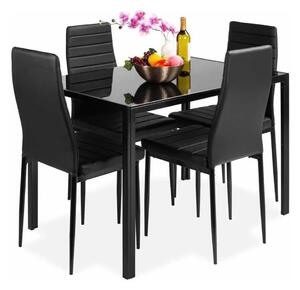 FUR-138-258-BLACK skleněný jídelní stůl set 4 čalouněných židlí černé barvy