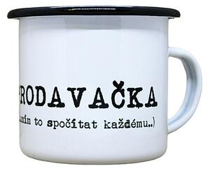 Smaltovaný hrnek plecháček s potiskem prodavačka, 330 ml