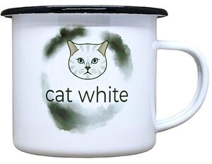 Smaltovaný hrnek plecháček s potiskem cat white, 330 ml