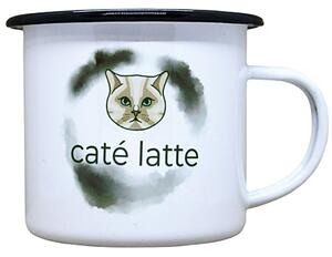 Smaltovaný hrnek plecháček s potiskem caté latte, 330 ml