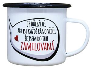 Smaltovaný hrnek plecháček s potiskem zamilovaná, 330 ml