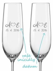 Svatební skleničky na sekt Monogramy se srdíčky, 2 ks