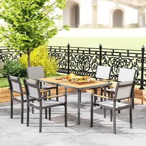Jídelní stůl Outsunny pro 6 osob, zahradní stůl s obdélníkovým vrchem z oceli s dřevěným efektem, proti rezivění, pro terasu, 150 x 90 x 72 cm, přírod